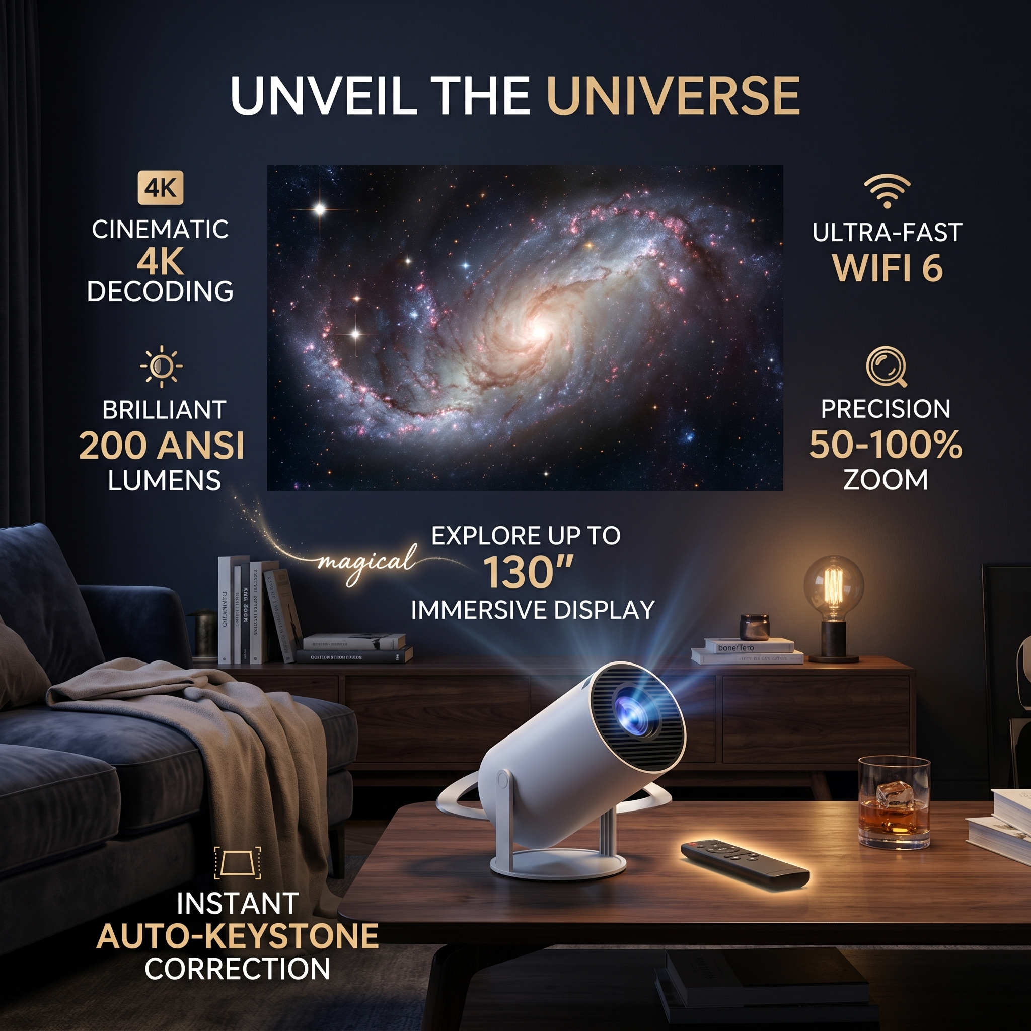 Cozy Cast 1080P Smart Projector | Built-in Android, Auto-Keystone, 130" Display | Home Cinema Projector with Remote